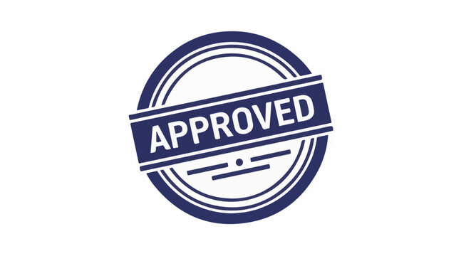 A round, dark blue stamp with "APPROVED" written in white sans-serif font across a horizontal banner