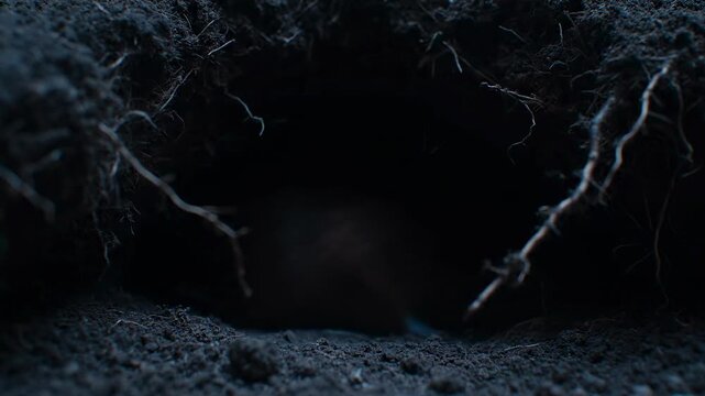A small rodent peering out of a dark burrow, surrounded by soil and roots