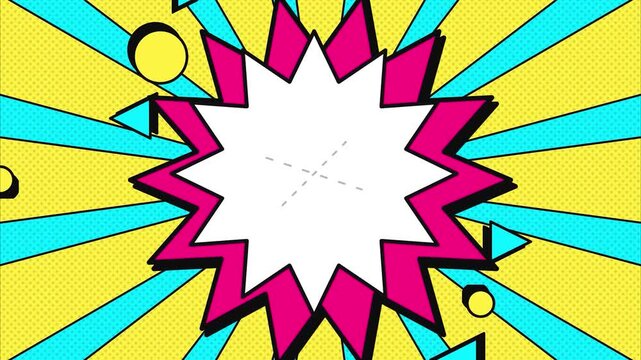 Pop Art Exploding Comic Starburst Animation with Vibrant Sunburst and Memphis Geometric Shapes for Creative Background and Dynamic Motion Graphics