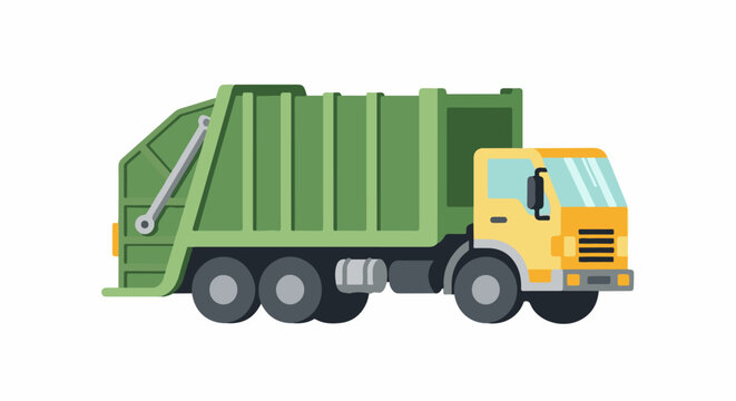 A green and yellow refuse collection vehicle is depicted with wheels and a large container for waste
