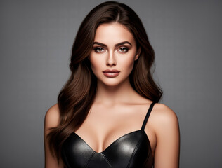 Fototapeta premium A stunning portrait of a beautiful woman with wavy hair in black leather