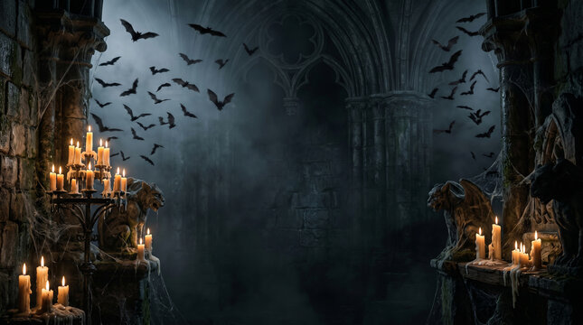 Scary gothic hall with bats and candles for Halloween background