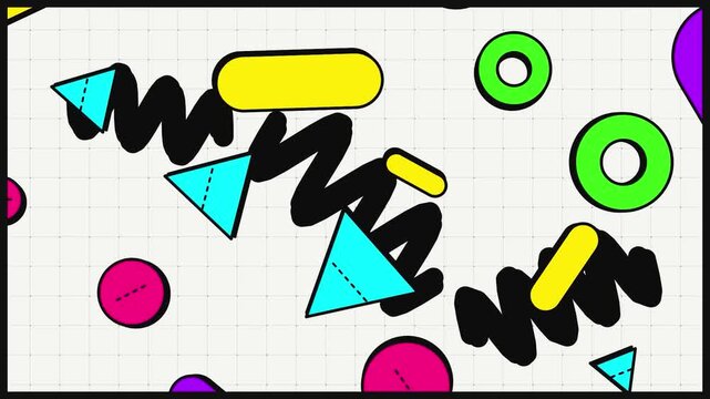 Floating Colorful Geometric Memphis Shapes Retro 90s Pop Art Flat Design Seamless Motion Background for Creative Digital Media Projects