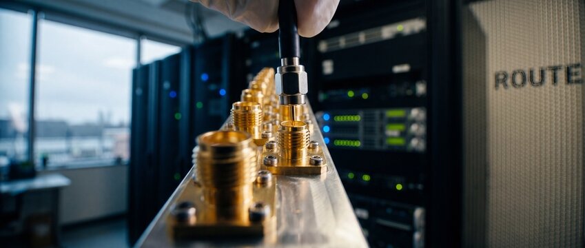 RF coaxial cable connector plug in server data center rack with telecom equipment, network engineer hand connecting gold-plated SMA RF terminal adapter for high speed hardware communication database.