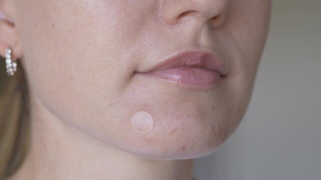 Woman applying transparent hydrocolloid patch on acne spot on chin in soft daylight. Realistic skincare footage suitable for dermatology clinics, pharmacy advertising and beauty brands.