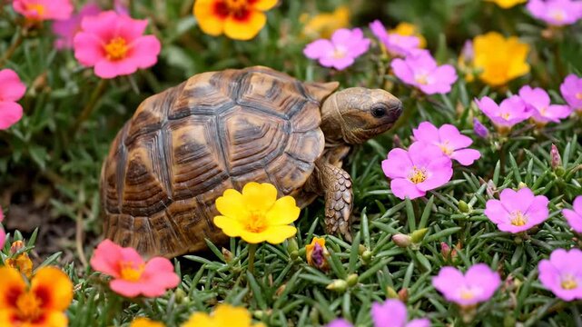 A small tortoise ambles through a lush garden of colorful petite flowers