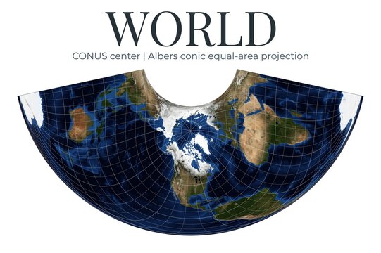 World Map in Albers Conic Equal-Area Projection. Detailed physical map. CONUS center, lat 37, lon -96. April View. Elements of this image furnished by NASA.