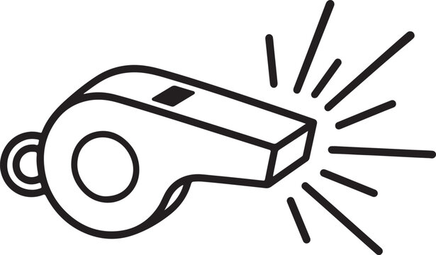 Black and white icon of a loud whistle blowing with sound lines for sports referee or coach signal design