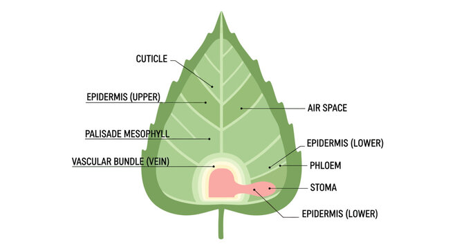 Diagram of a Leaf Cross-Section Showing Plant Anatomy and Cells