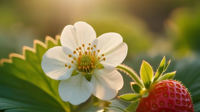 Photorealistic Macro Close-up of a White Strawberry Flower and Young Red Berry in Golden Sunlight, Cinematic Full HD Nature Motion Background