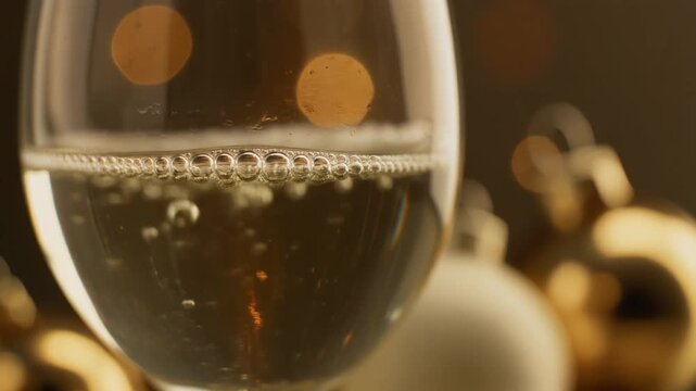 Macro Close-up of Sparkling Wine Bubbles Rising in a Glass with Golden Holiday Ornaments and Warm Bokeh Background, Full HD Cinematic Drink Footage