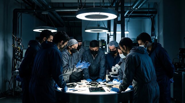Scientists in protective gear gather around a laboratory table, meticulously examining intricate electronic components under bright, focused lighting