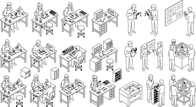Isometric electronics laboratory with engineers and technicians working on circuit boards and 3d printing