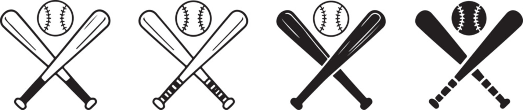 Set of crossed baseball bats and a ball in different black and white outline and solid graphic design styles