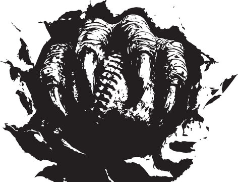 Scary monster hand with sharp claws tearing through a dark surface illustration in black and white style