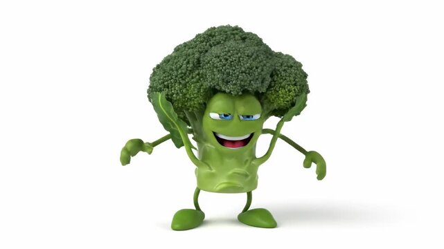 A smiling broccoli cartoon character with arms raised in joy, on a white background