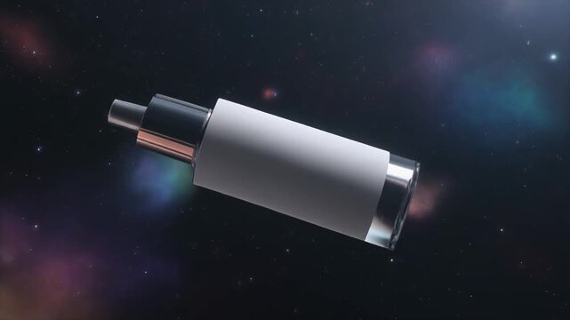 Cinematic Close-up Push-in Shot of a Futuristic Cosmetic Dropper Bottle Mockup Floating in Dark Starry Space, Ideal for Product Presentation or Sci-Fi Background