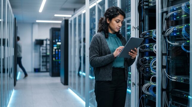 Professional Indian female IT engineer using digital tablet to monitor server racks in modern cloud data center technician inspecting network hardware infrastructure and system security