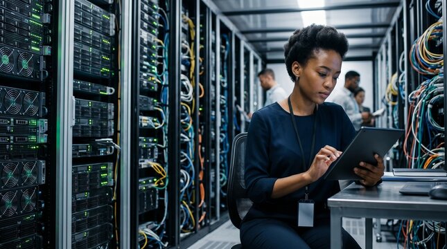 African American female systems administrator working on tablet computer in server room data center network engineer optimizing hosting infrastructure and hardware security database