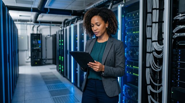 Professional African American female IT engineer using digital tablet while checking server racks in modern data center, cloud computing network security