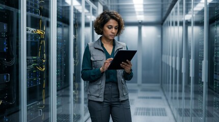 Fototapeta premium Serious female information technology administrator analyzing mainframe data on tablet PC while walking in secure corporate server facility corridor