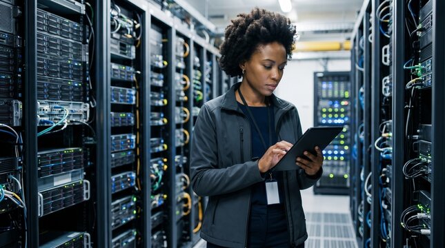 Black woman IT specialist managing server rack systems in data center, female engineer using digital tablet for cloud computing network infrastructure diagnostic.