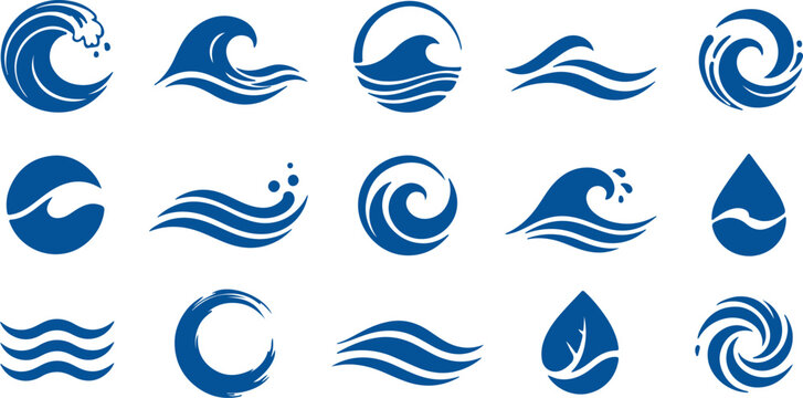 Set of blue water wave icons and ocean splash logos for creative design elements and nature branding projects