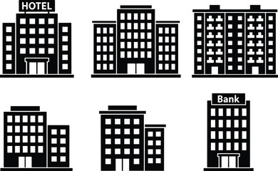 Vector set of city building icons including hotel bank office buildings and apartment blocks isolated on white background © moshaharul