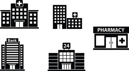 Obraz premium Vector set of medical and financial public building icons including hospital pharmacy bank and twenty four hour store isolated on white background