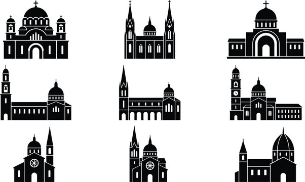 Vector set of historical church icons cathedral silhouettes and religious building architecture isolated on white background