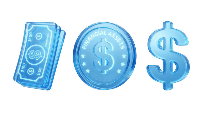 3d render of blue glass dollar bill stack, financial assets coin and dollar sign isolated on transparent background
