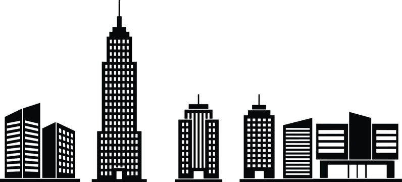 Vector set of modern skyscraper silhouettes office towers and commercial city buildings isolated on white background