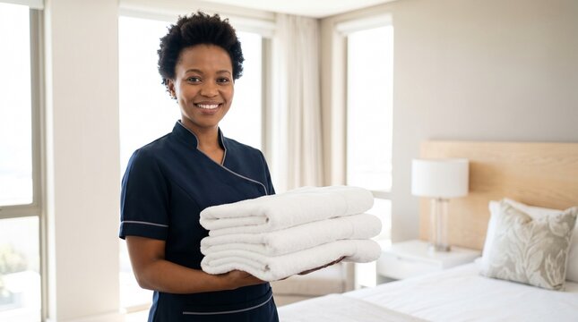 Smiling Black female hotel housekeeper in dark uniform holding stack of clean white towels in modern sunlit hotel suite, hospitality bedroom service concept