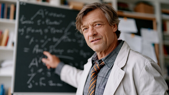 Linguist pointing to Proto-Indo-European phoneme reconstruction chart mounted on chalkboard, etymology research workspace filled with comparative grammar manuscripts, language origin study session, 