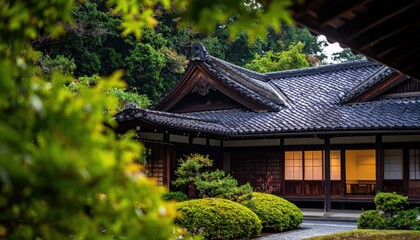 Naklejka premium Serene Japanese House with Garden Landscape.