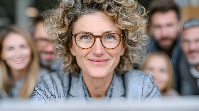 Confident mature woman wea glasses smiles gently surrounded by blurred colleagues suggesting a supportive and collaborative workplace culture.