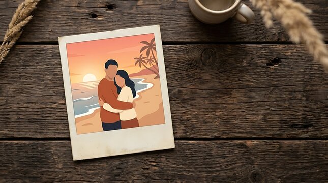 Vintage polaroid photograph of couple hugging on beach during beautiful sunset with palm tree scenery.