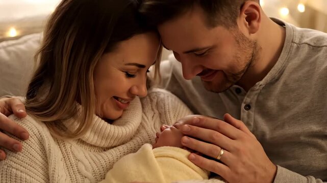 A smiling couple lovingly gazes at their newborn baby swaddled in a blanket