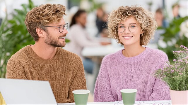 Young couple with curly hair working on a laptop in a modern cafe. Man and woman with glasses sitting at a table with coffee cups. Teamwork and collaboration concept