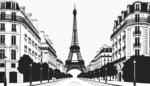 Very beautiful black-and-white engraved vector illustration featuring the Eiffel Tower in Paris, France, rising above elegant Parisian boulevards and classic European architecture, rendered with refin