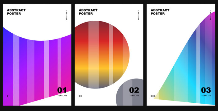 Abstract poster templates set with vibrant gradient geometric shapes and modern minimalist typography layouts