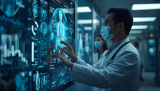 Medical doctor in a professional laboratory environment interacting with a high-tech holographic digital interface showing a detailed human body scan, representing advanced healthcare technology, diag