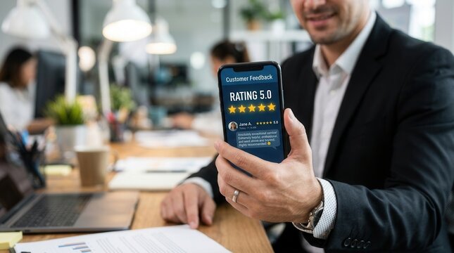 Businessman receiving a top rating of Customer centric review and system supports product