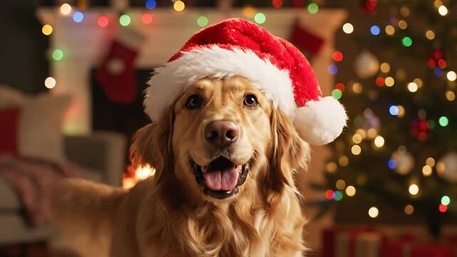 A smiling dog wearing a festive red hat, looking directly at the camera in a warmly lit setting