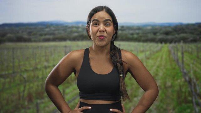 Sporty woman with hands on hips smiling widely in a vineyard, wearing black sports bra and braid visible; confident athletic energy.
