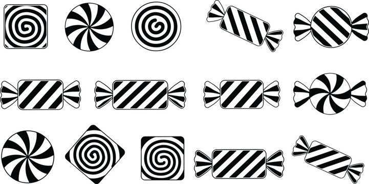 Monochrome Graphic Collection of Hard Candies and Wrapped Sweets, Halloween Sweet Candy Vector Set: Swirl and Striped Peppermint Elements.