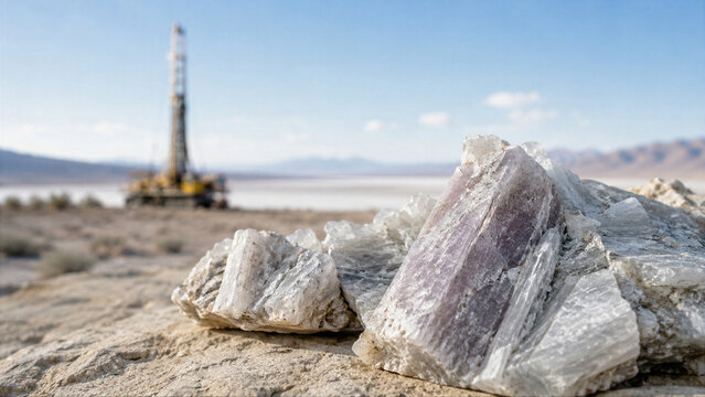 Raw mineral crystal found at site of industrial lithium extraction. Close-up of lithium ore with drill rig in background. Natural resource exploration and mining industry concept.