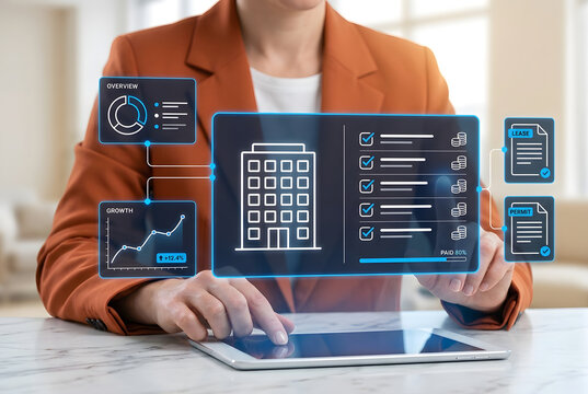 Real estate property management and proptech concept with futuristic holographic interface dashboard showing building growth analytics, lease and payment data on digital tablet.