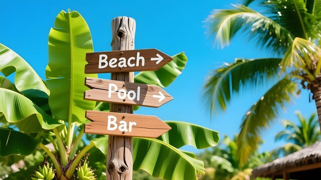 Tropical wooden directional signpost with beach, pool, and bar arrows. Exotic resort wayfinding signs among palm trees. Summer vacation travel concept.