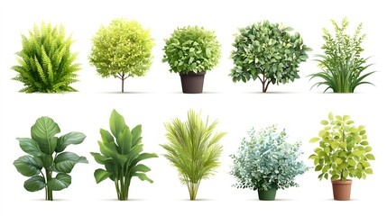 Fototapeta premium A collection of ten diverse green plants and trees, some potted and some in the ground, showcasing various foliage and shapes